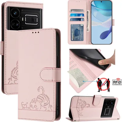 Produktbild von Leder Hülle für Realme GT 5G/Realme GT Neo 5G Süße Katze Flip Case Brieftasche Schutzhülle mit Standfunktion Pink