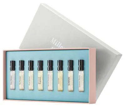 Produktbild von Discovery Set von Miller Harris: Scherzo, Eau de Parfum, Unisex, 2 ml *Flaschen + Rose Silence, Eau de Parfum, für Damen, 2 ml *Flaschen + Coeur De Jardin, Eau de Parfum, für Damen, 2 ml *Flaschen + Tea Tonique, Eau de Parfum, Unisex, 2 ml *Vial + Peau