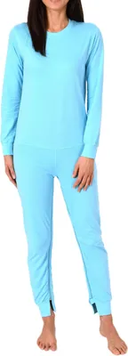 Produktbild von Damen Pflegeoverall langarm Einteiler Schlafanzug mit Reissverschluss am Rücken und Bein ; türkis , L