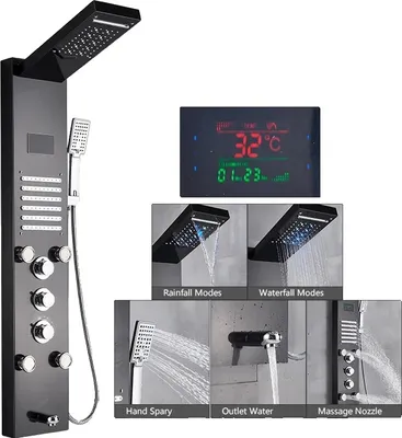 Produktbild von LED-Duschpaneel, thermostatischer Wasserhahn, einstellbare Wasserarten , Schwarz 8004