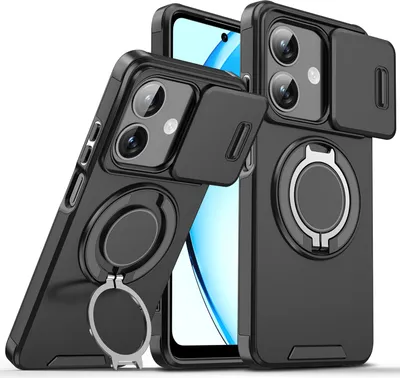 Immagine prodotto di Custodia a doppio strato per Oppo A40, con copertura scorrevole della fotocamera e supporto ad anello magnetico Nero