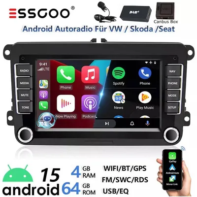 Imagen del producto de Radio para coche DAB+ compatible con VW Golf 5, 6, Touran, Caddy, Jetta, con sistema Android 15, Apple CarPlay, Android Auto, GPS, pantalla táctil de 7 pulgadas, Bluetooth y 4x45W, formato 2 DIN