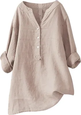 Produktbild von ASKSA Damen Baumwolle Leinen Bluse Einfarbig Langarm Shirt Lose Blusenshirt Knoepfen Aufrollen Tops, Aprikose, Groesse: XL