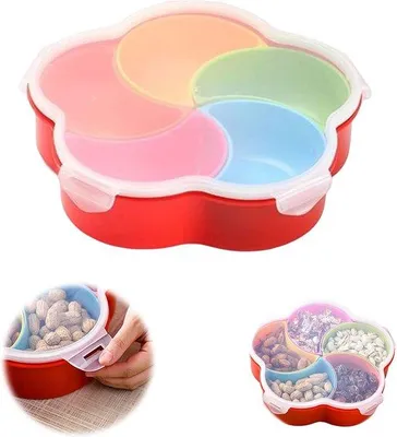 Immagine prodotto di Contenitore per snack Unyqoos® con coperchio, vassoio di servizio a forma di fiore – 5 scomparti removibili, realizzato in plastica PP, ideale per noci, caramelle e frutta secca