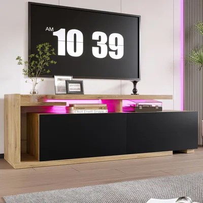 Produktbild von MODFU Modularer TV-Schrank Lowboard Fernsehschrank mit LED-Beleuchtung und zwei Schubladen,Sideboard mit frei positionierbarem rechten Schrank,mit bewegbarem Modul,Natur