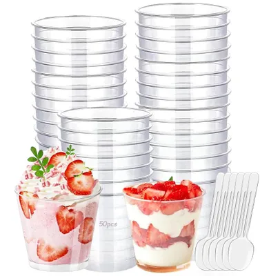 Dessertbecher 200 ml, 50 Stück mit Löffel, transparent, wiederverwendbar