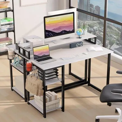 Image de Bureau avec support pour écran et tablettes réversibles, 120 x 55 cm, blanc, bureau pour le télétravail