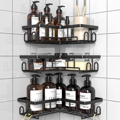 Produktbild von Ibenzoa® Eck-Duschablage selbstklebend ohne Bohren – L‑Form für 90°-Ecken, 3er-Set schwarz, Metall rostfrei, wasserdicht, Tragkraft bis 30 Pfund