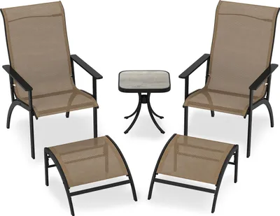 A set of outdoor furniture including two chairs, two ottomans, and a small table, displayed on a white background.
