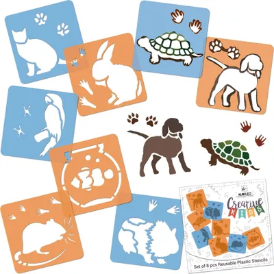 Produktbild von Schablonen Malen für Kinder, 8 Stück Set 15x15 cm Haustiere, Kinder Kreatives Zeichenschablonen, Kunststoff Wiederverwendbar Malschablone