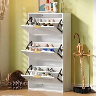 Zdjęcie produktu dla Wywrotka na buty wąska z 3 klapami, szafka na buty, szafka na buty biała komoda na buty do przedpokoju salonu, biała, wymiary: 60 x 24 x 114 cm
