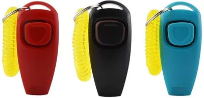 Produktbild von Hunde-Trainings-Clicker-Set, 2-in-1 Hunde-Training-Tool mit Polsband, Hunde-Recaller, professionell für Hunde-Training, 3 Stück, in Schwarz, Blau und Rot.