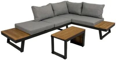 Garten Lounge-Gruppe Felice 3-teilig mit grauer Polsterung, Holzablage und schwarzem Metallgestell in Gesamtansicht.