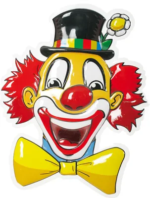 A colorful, cartoonish clown face decoration.