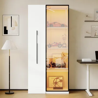 Image de Vitrine d'exposition sur roulettes, avec éclairage, 1 porte, 1 tiroir, blanche, 70x40x160 cm