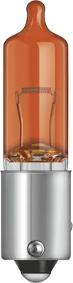 A studio shot of an amber-colored automotive light bulb with a silver base.