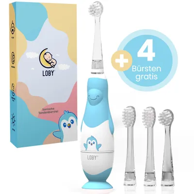 Image de Loby Brosse à dents électrique pour enfants Brosse à dents électrique pour enfants de 0 à 4 ans avec lumière LED Smart Timer Schall Brosse à dents pour bébés Imperméable à l'eau bleue