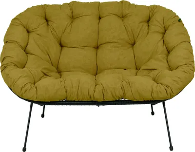 A mustard yellow cushion on a black frame with black legs, isolated on a white background.