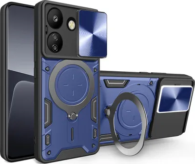 Produktbild von Handyhülle für Xiaomi Redmi 13C Dual-Layer Stoßfest Rüstung Hülle mit Dia Kameraschutz und Kreisförmig Ring Ständer Blau