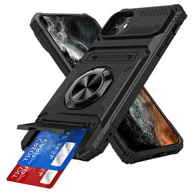 Produktbild von Dual Layer Hülle für iPhone 11 mit Kartenhalter, Magnetische Ring Ständer Militärschutz Stoßfeste Handyhülle Schwarz