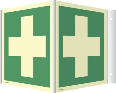 Produktbild von Dreifke® Winkelschild Erste Hilfe, ISO 7010, Kunststoff, nachleucht., 160-mcd...