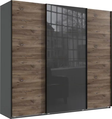 Produktbild von Schwebetürenschrank Norderstedt Kleiderschrank Ausführung wählbar,graphit / Flagstaff Eiche / Grauglas,225x64x210cm
