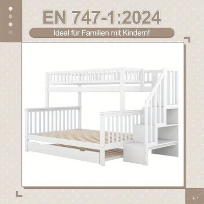 Imagen del producto de Cama alta con escalera y espacio de almacenamiento – Estructura de cama de acero blanco – 90x200 cm y 140x200 cm – Ahorro de espacio
