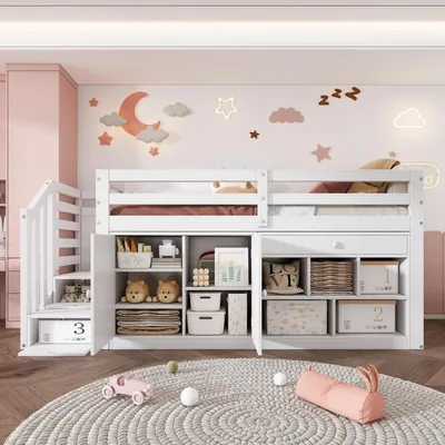 Image de Lit superposé 90x200 cm, blanc, avec escalier et espace de rangement