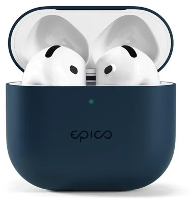 A close-up view of a dark blue silicone case for AirPods, with the AirPods inside and the lid open.