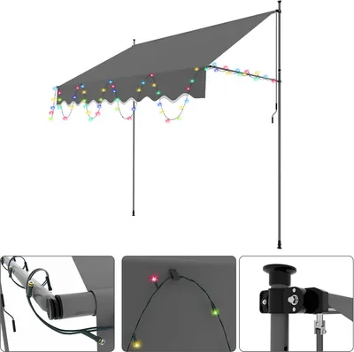 Immagine prodotto di Jayseuw tenda da sole a morsetto con LED 250x120cm Tenda da sole per balconi regolabile in altezza con manovella Protezione solare senza foratura per terrazze e balconi Grigio