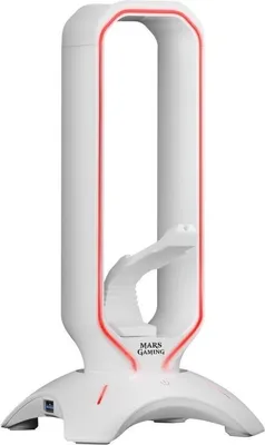 A white gaming headphone stand with red RGB lighting.