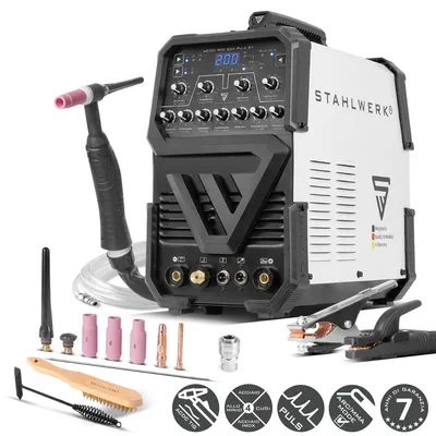 Immagine prodotto di Saldatrice ad arco schermato STAHLWERK AC/DC TIG 200 Pulse ST - Inverter IGBT con modalità AC, MMA fino a 200 A, funzione ad impulsi, modalità 2T e 4T, per alluminio e lamiere sottili