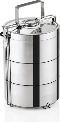 A stainless steel tiffin carrier with three stacked containers and a handle.