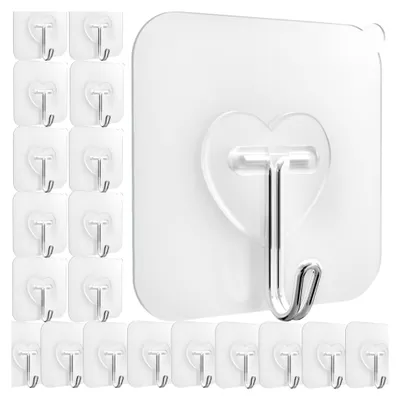 Produktbild von 20 Stück transparente Haken für das Badezimmer, die Dusche und die Wand, selbstklebende Haken zum Aufhängen von Handtüchern, Luffas und Kränzen - geeignet für Küche, Glas, Fenster, Bad und Toilette
