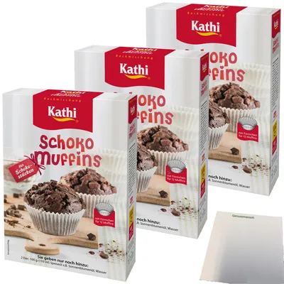 Produktbild von Kathi Backmischung für Schoko Muffins mit Schokoladenstücken und Förmchen 3er Pack (3x380g Packung) + usy Block