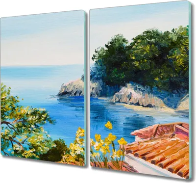 Produktbild von Coloray Herdabdeckplatte 2x30x52 cm Schneidebrett Kochplattenabdeckung Küchenbrett Hackbrett - Bäume Meer Himmel