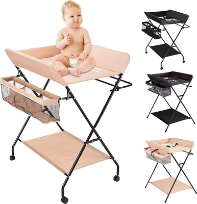 Image de Table à langer mobile pliable Commode à langer Matelas à langer avec ceinture de sécurité pour bébés jusqu'à 12 mois