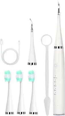 Imagen del producto de AIORBER, limpiador dental eléctrico 6 en 1, recargable por USB, elimina sarro, manchas, placa, con 2 cabezales de limpieza, color blanco