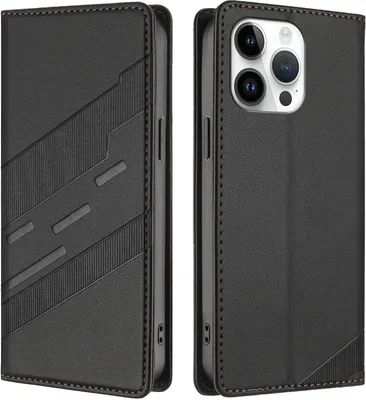Produktbild von Hülle für iPhone 14 Pro Max, Kunstleder Brieftaschen Handyhülle mit Kartenfach und Standfunktion Schwarz