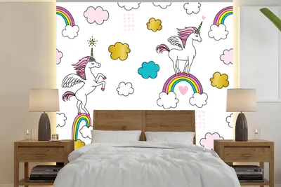 Produktbild von MuchoWow® Fototapete für Wohnzimmer oder Schlafzimmer Wandtapete Vinyl Motivtapete Eine Illustration von Einhörnern auf Regenbögen - Mädchen - Kinder - Kinder - 350x350 cm - Kindertapete - Schlafzimmertapete