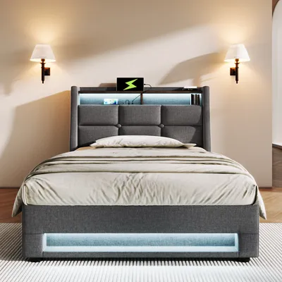 Immagine prodotto di okwish LED Letto imbottito 90x200 cm, letto singolo con USB, letto giovanile con struttura in metallo e rete a doghe, struttura in lino, grigio (con materasso)