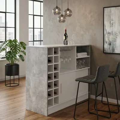 Produktbild von Bartisch Planter Flaschenregal 2 Schiebetüren Beton weiß Nachbildung