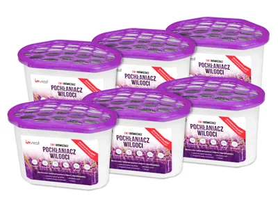Image de 6 déshumidificateurs avec 6 sachets de granulés de 230 g, petit déshumidificateur d'intérieur, absorbeur d'humidité, protection contre les moisissures et les odeurs, parfum lavande