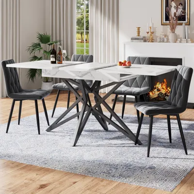 Produktbild von Ausziehbarer Esstisch (120–160 cm) in edler Marmor-Optik, Moderner Küchentisch mit schwarzem Metall-Sternengestell, Speisetisch für 6–8 Personen, Weiß/Schwarz