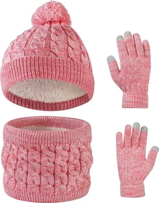 Produktbild von Wintermütze Schal Handschuhe Set für Mädchen Jungen, 3 in 1 Warm Winte Strickmütze Kinder Mütze Set mit Plüsch Innenfutter für Kinder 3-10 Jahre