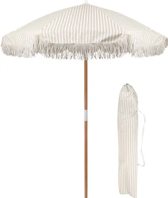 Produktbild von Gartensonnenschirm aus Holz mit Quastenfransen, tragbarer, freistehender Sonnenschirm mit Tragetasche – 1,4 m – Beige gestreift