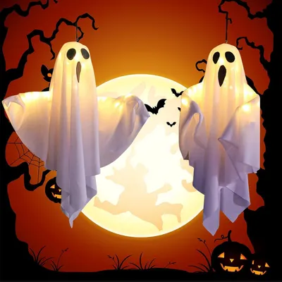 Productafbeelding van Halloween decoratie geesten - Set van 2 - Halloween hangende geest lED-verlichting met 3 - Decoratie geest voor tuin