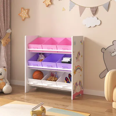 Obrázok produktu pre Detský regál "Boiro" s 9 skladacími boxmi 60 x 62 x 30 cm s motívom jednorožca