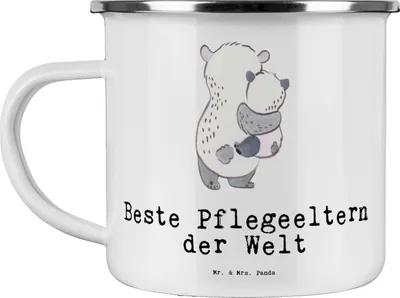 Produktbild von Mr. & Mrs. Panda Pott Panda Beste Pflegeeltern der Welt - Weiß - Geschenk, Familie, Teetasse, Mama, Geschenkidee, Papa, Emaille Becher, Haferl, Tasse, Eltern, Dankeschön