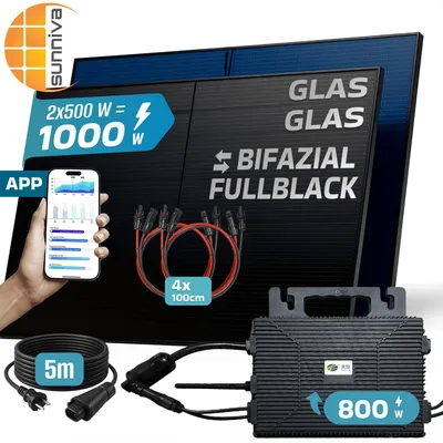Produktbild von SUNNIVA® 1000W Balkonkraftwerk BIFAZIAL FULLBLACK komplett Steckdose ASTRO-E 800W Wechselrichter, PV Solaranlage, 5m Kabel, Bluetooth WIFI
